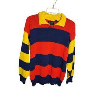 Vintage Crayons Colorblock Striped Sweater Size L Red Navy Yellow 100% Acrylic